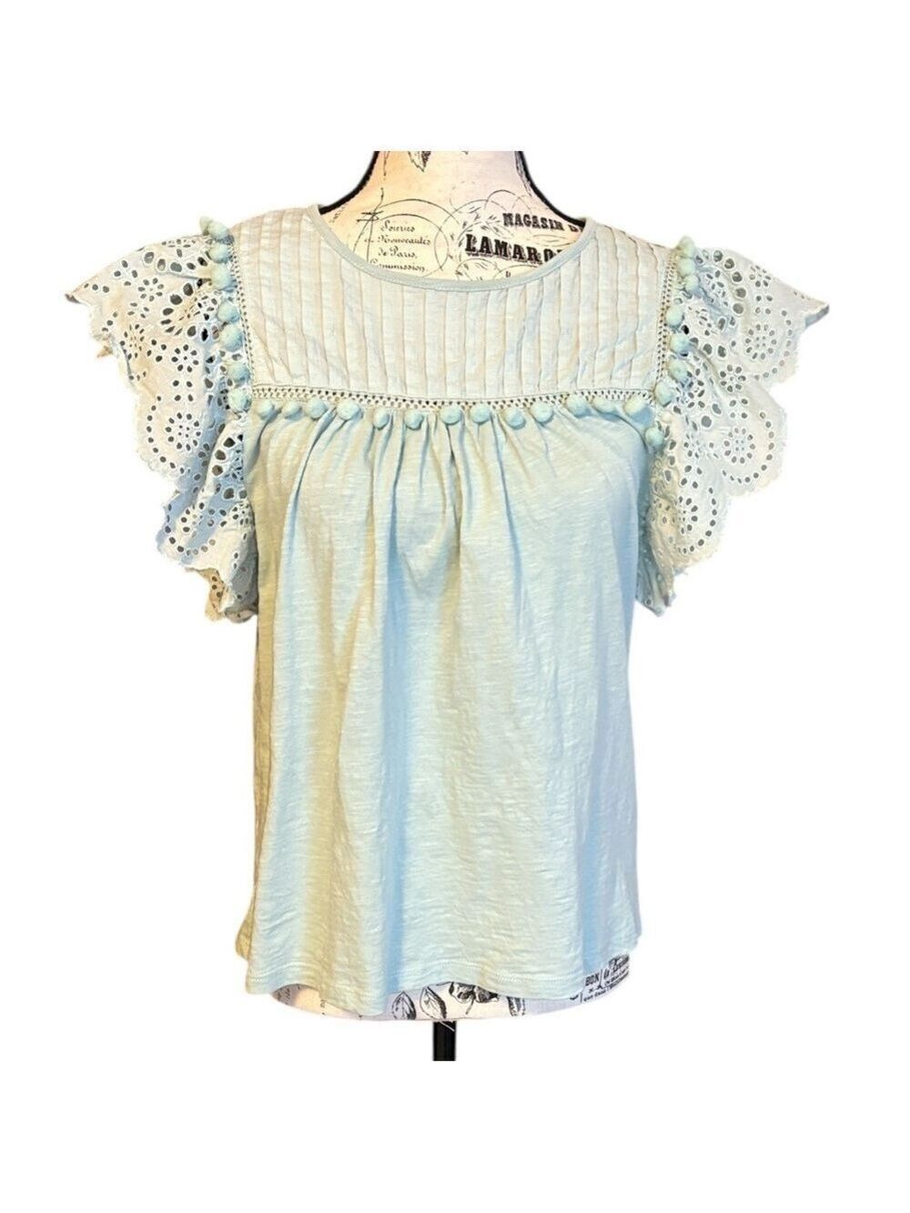 J. Crew Eyelet Flutter Sleeve Top Pom Pom Trim Pleats Mint Blue Size S